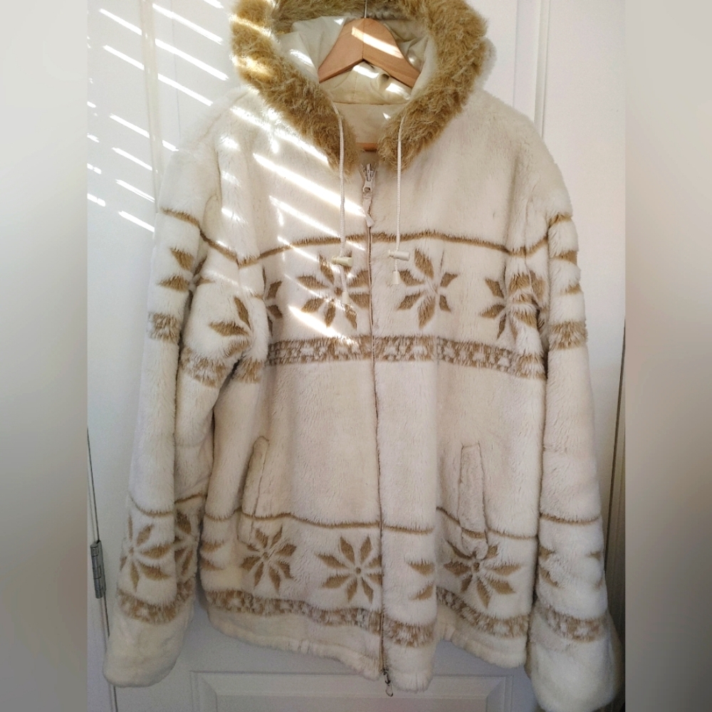 Vintage New York Classics Ivory & Tan Snowflake Faux Fur Coat XL